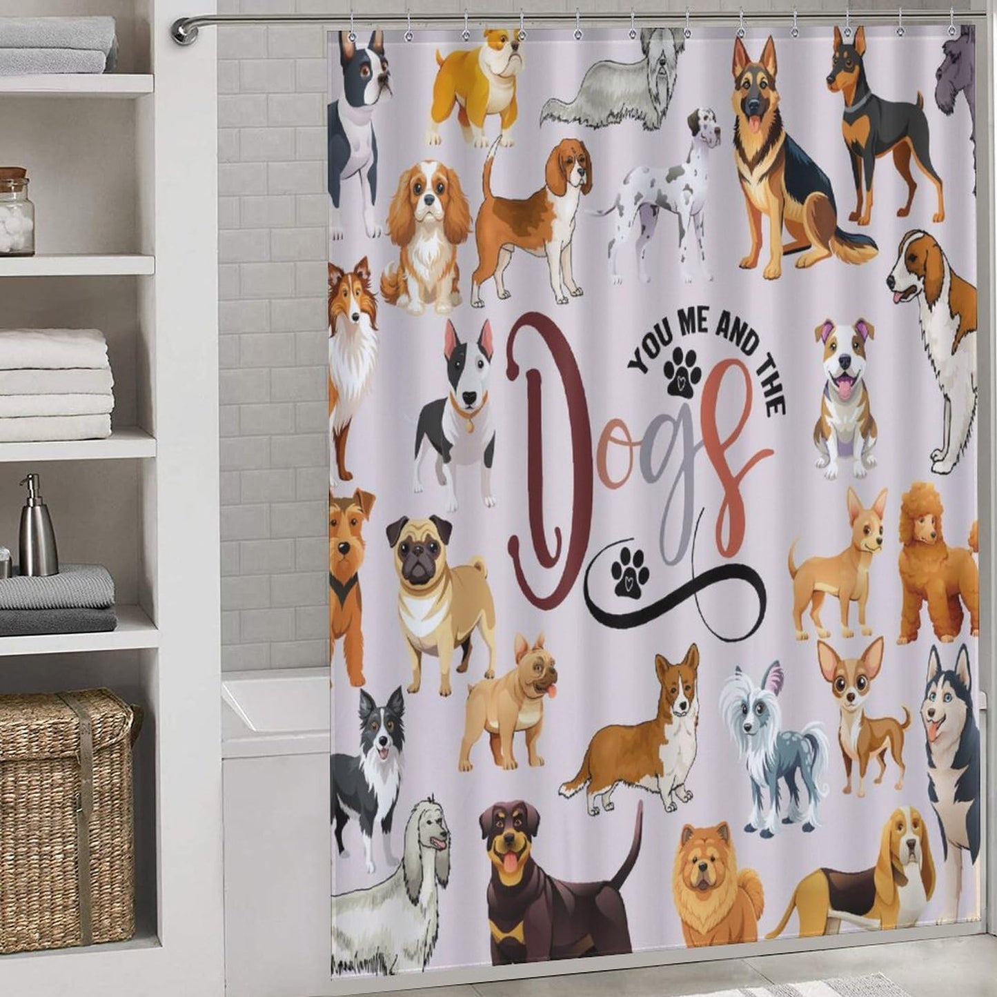 TKUYO Cute Dog Shower Curtain, Funny Animals Multi Puppy Dog Lovers Kawaii Cute Pets Colorful Carton Kids Girls Boys Waterproof Fabric Bathroom Shower Curtain Set with Hooks, 72"x72" Inch