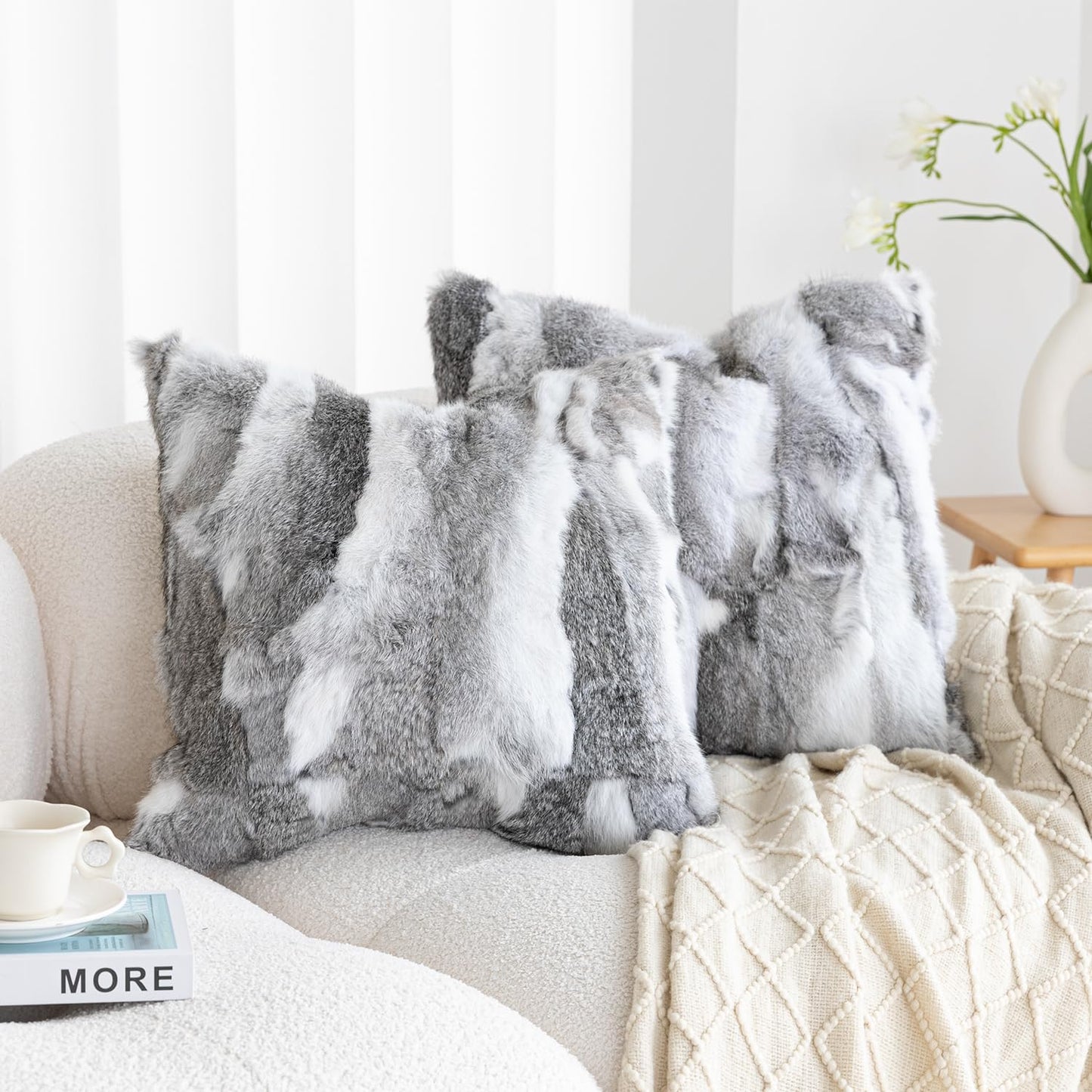 ROSE FEATHER Genuine Rabbit Fur Throw Pillow Covers Set of 2, Luxury Decorative Pillowcases Soft Fluffy Animal Skin Accents Cushion Cover for Couch Sofa Bedroom Living Room Home,18x18 inch,Gray-White
