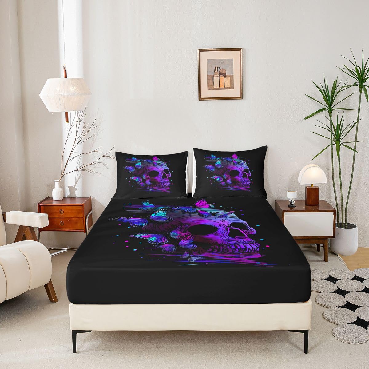 Erosebridal Purple Skull Bed Sheet Set King,Retro Psychedelic Butterfly Bed Sheets Gothic Sugar Skull Bedding Set for Girls Teens Women Room Halloween Fitted Sheet + Flat Sheet + 2 Pillow Cases Black