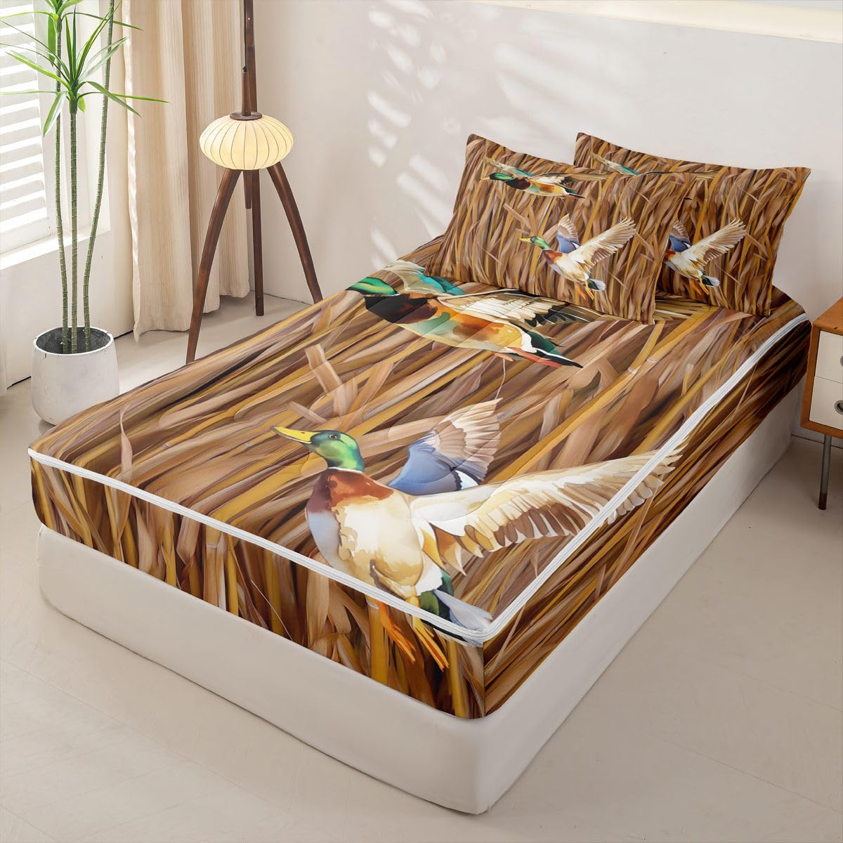 Feelyou Camo Mallard Duck Comforter Set Queen Size Zipper Bedding Set for Girls Boys Hunting Theme Comforter with Fitted Sheet, Pillowcases Wild Animal Duck Zipper Bedding Soft Breathable Bed in a Bag