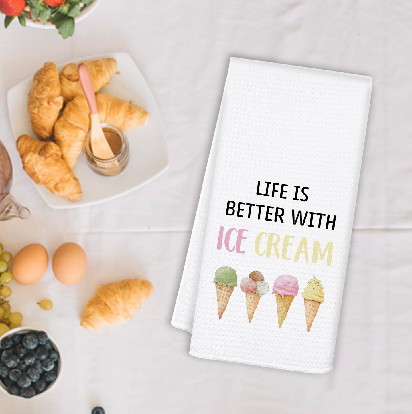 OSLYSOF Summer Ice-Cream Kitchen Towels, Ice Creams Lovers Gifts Dish Tea Towels for Kitchen Decor, Life is Better with Ice Cream Decorative Hand Towels for Bathroom, 16x24 Inch