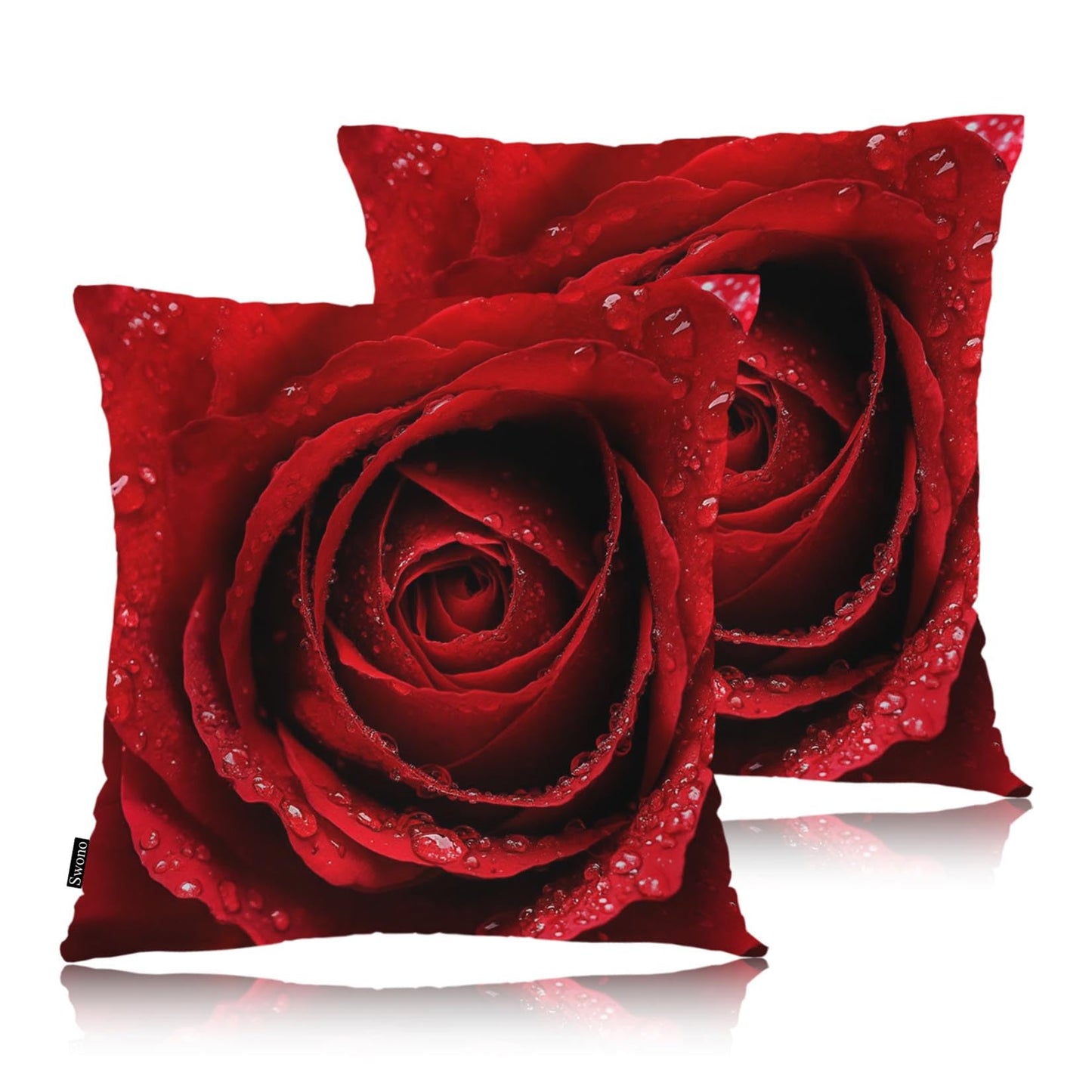 Swono Rose Pack of 2 Decorative Throw Pillow Covers Cushion Covers, Blossom Rose Water Drops Couch Pillow Case Boho Cushion Pillowcase for Bedroom Sofa Living Room 18X18 Inches, Red Rose Petals