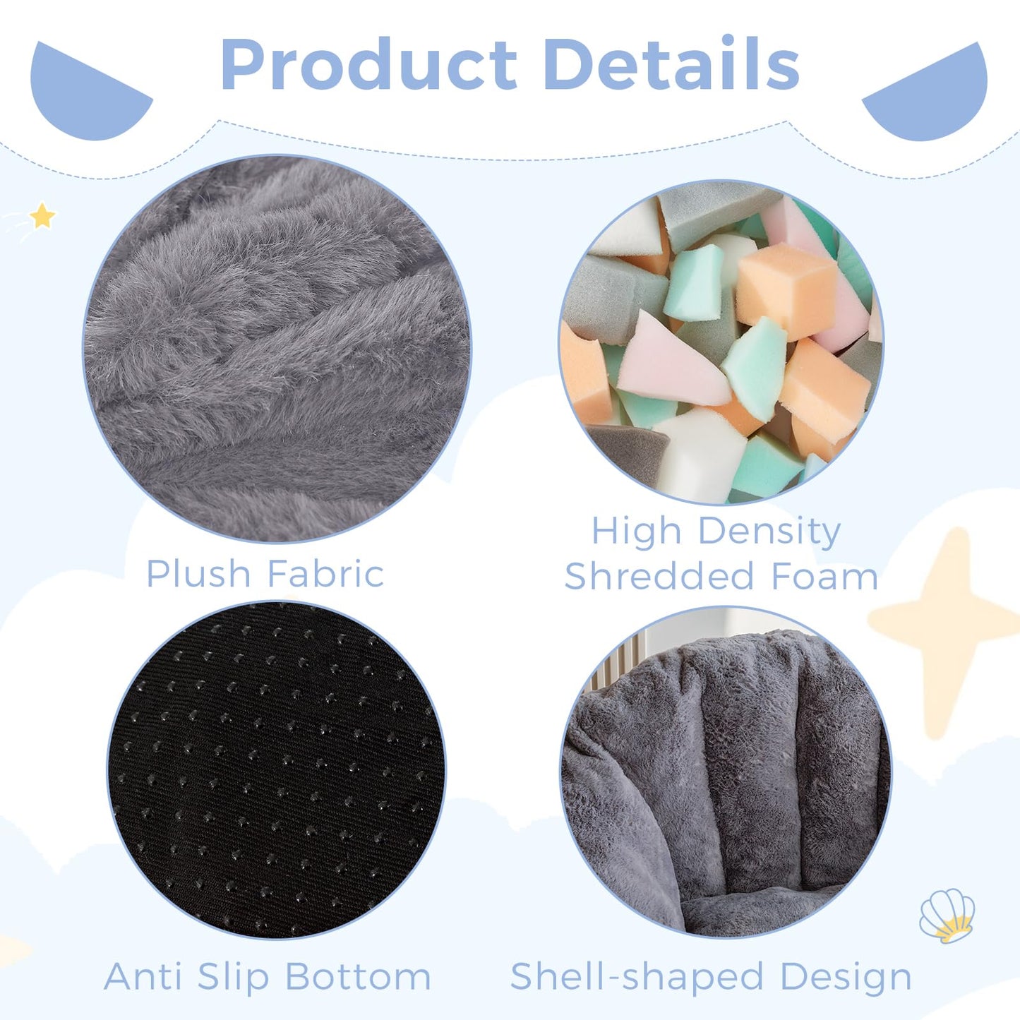 MAXYOYO Bean Bag Chair for Kids, Shell Shaped Bean Bag Couch for Boys and Girls, Toddler Chair Bean Bag Sofa for Playroom, Nursery Room, Dark Grey