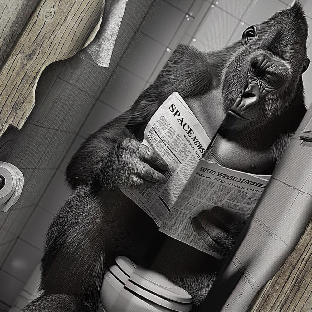 Funny Shower Curtain,Gorilla Sitting on Toilet Reading Newspaper - Rustic Animal Print Bath Curtain Waterproof Shower Curtains for Men, Wooden Teen Boys Humorous Bathroom Decor (12 Hooks Included)