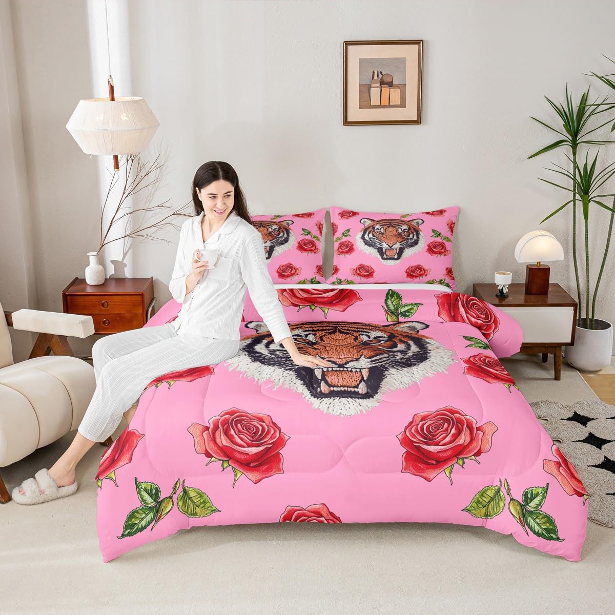 Erosebridal Tiger Comforter Set Twin Size Kawaii Wildlife Bedding Set for Kids Girls BoysSafari Jungle Animal Comforter Pink Roses Flowers Quilt Bedroom Decor