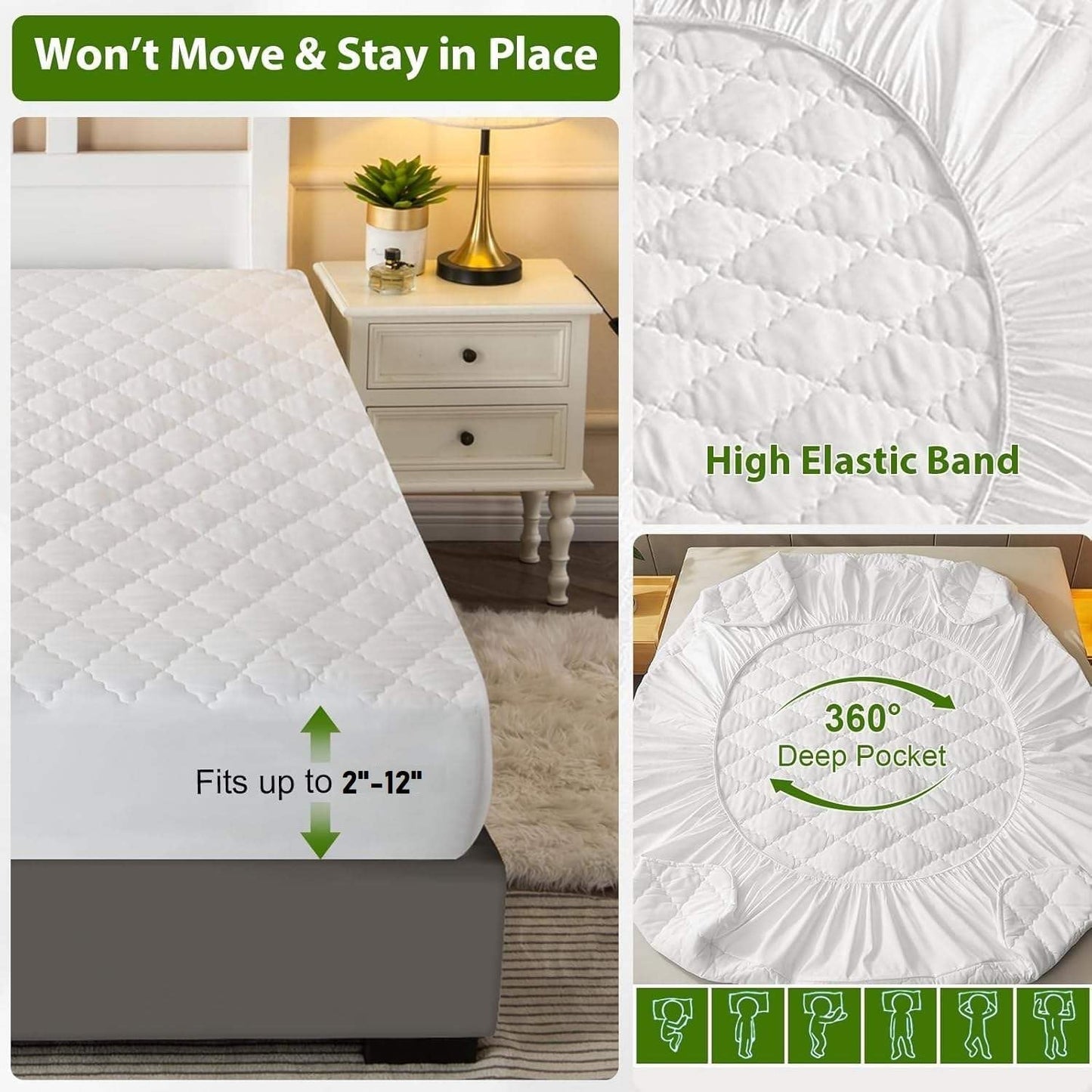 Bedding Waterproof Mattress Protectors with Deep Pocket Fitted Up to 13 inches, Washable Mattress Cover Topper Comfortable Soft Noiseless for Dorm,Home, Hotel (White, Full)