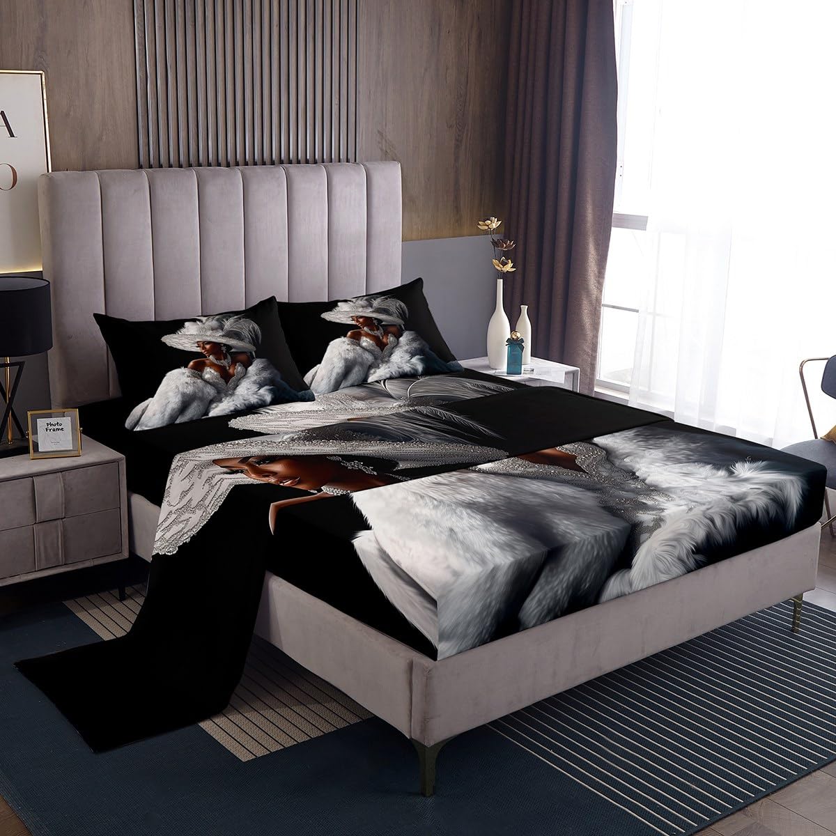 Erosebridal Black Girl Bed Sheets King Size Modern Trendy Grey Silver Sheet Set for Girls Teens Women African American Fashion Dress Bedding Set Diamond Print Aesthetic Elegant Sheets