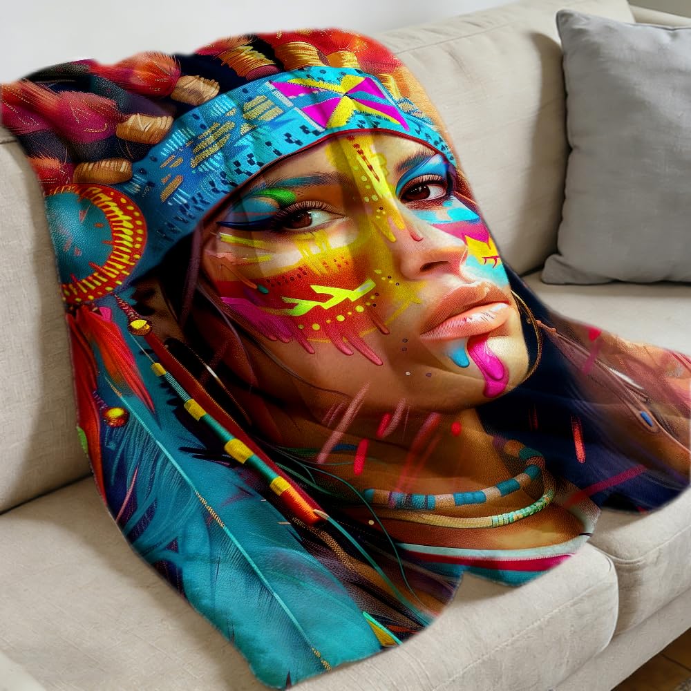 ZHOUSHUTONG Native American Throw Blanket Indian Tribal Chief Print Super Soft Warm Cozy Flannel Blanket for Couch Bedroom Office Southwest Cultural Home Decor Gift 49"x59"