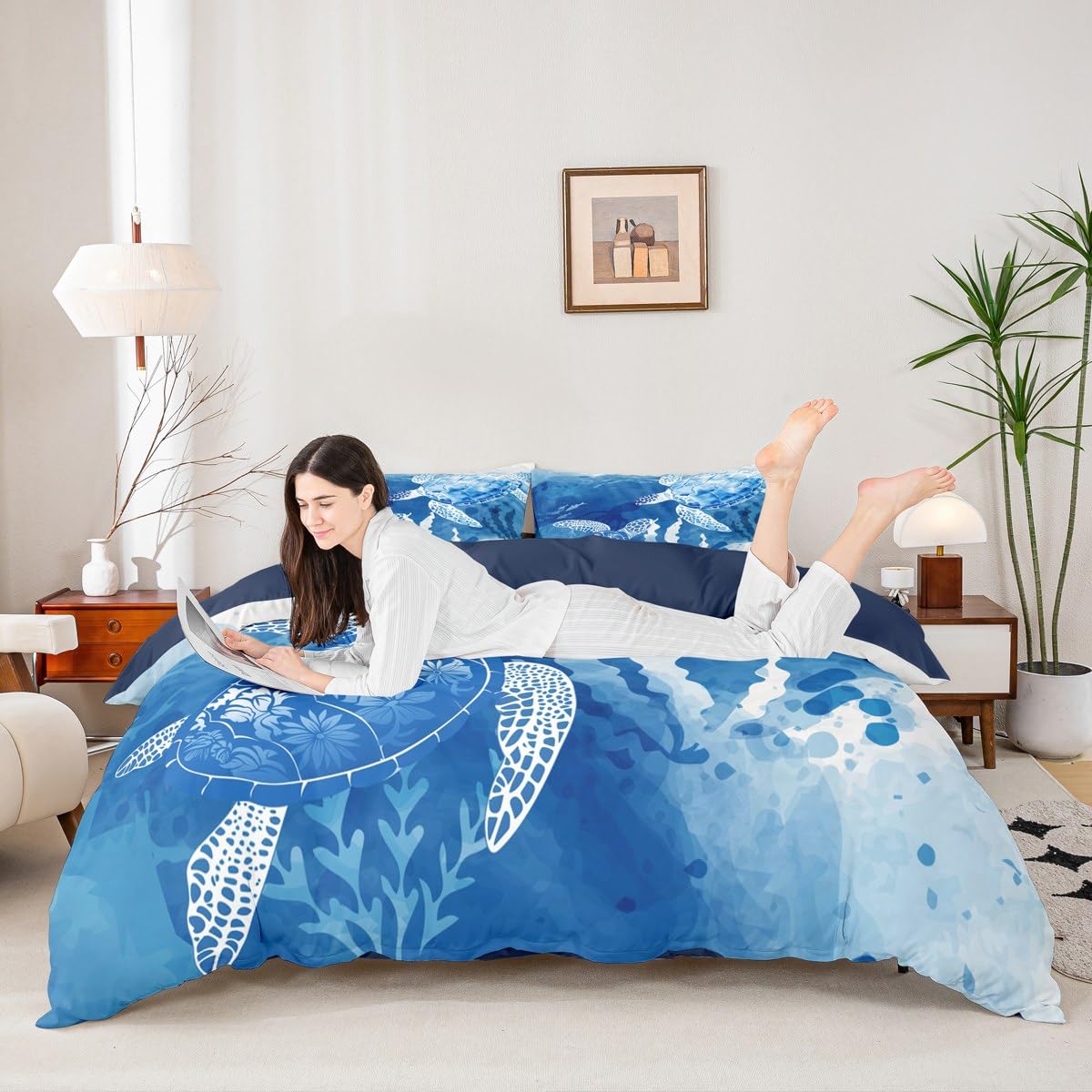 Homewish Sea Turtle Bedding Set Full,Octopus Seaweed Silhouette Duvet Cover for Teens Girls Room ,Navy Blue Tie Dye Comforter Undersea Animals Plants Quilt 3pcs with 2 Pillowcases Full 80''x90''