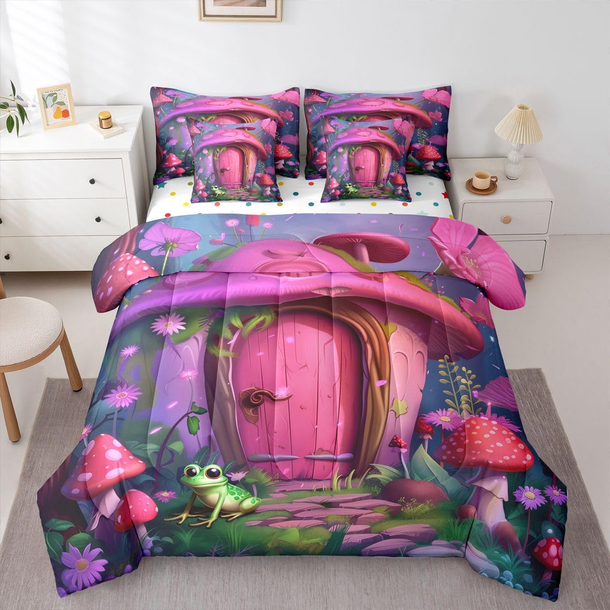 Erosebridal Comforter Set Twin Size, Cute Mushroom House 7 Pcs Bedding for Kids and Adults, Fairy Tale Frog Bed Sheet Sets with Fitted Sheet 2 Pillowcases & 2 Shams for Bedroom Bed Decor