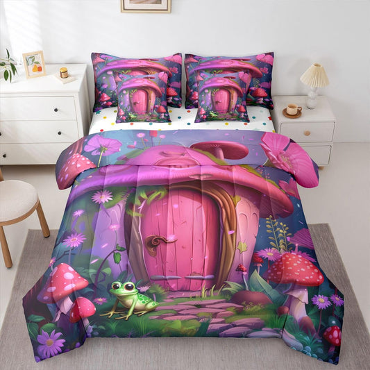 Erosebridal Comforter Set Twin Size, Cute Mushroom House 7 Pcs Bedding for Kids and Adults, Fairy Tale Frog Bed Sheet Sets with Fitted Sheet 2 Pillowcases & 2 Shams for Bedroom Bed Decor