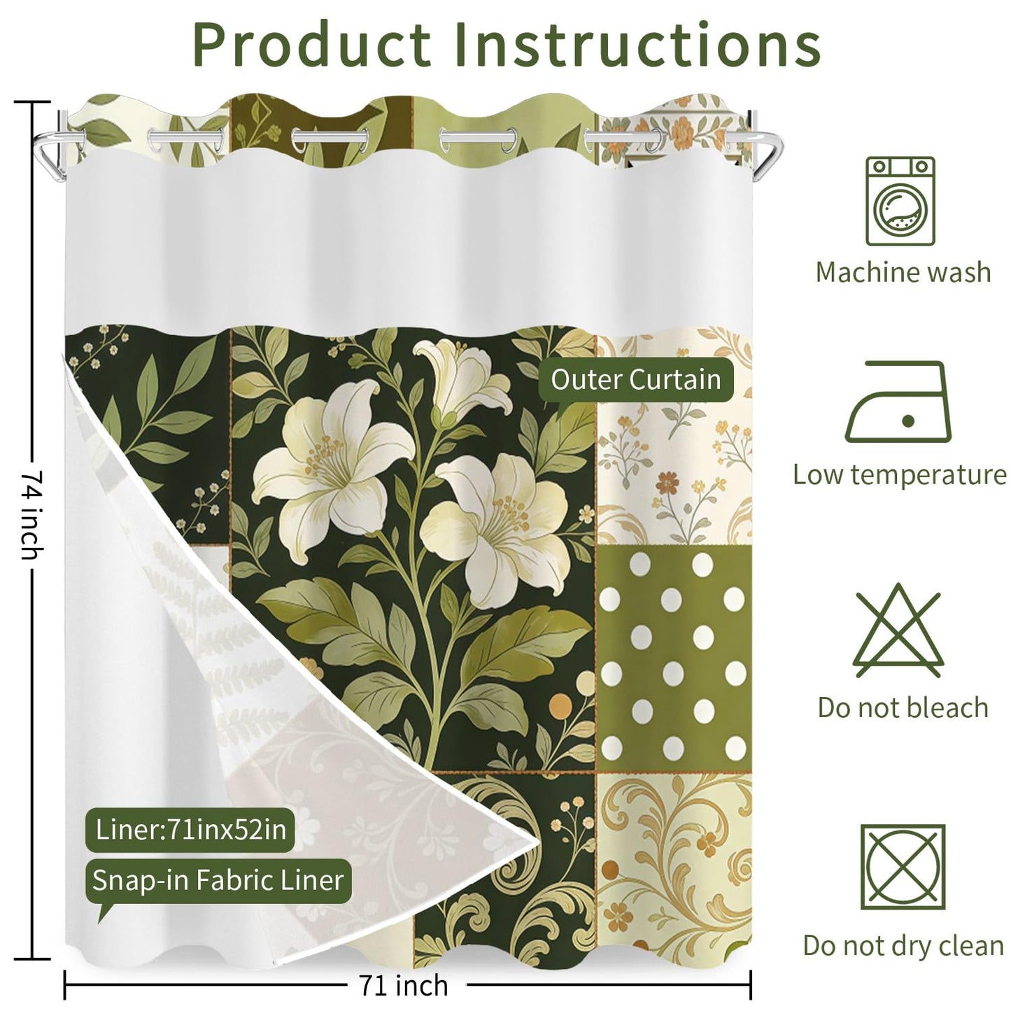 NAEMBCU Boho Floral No Hook Shower Curtain with Snap in Liner Set 71x74 in