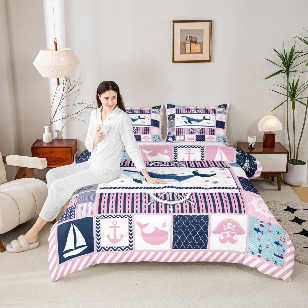 Homewish Nautical Comforter Set Queen Size,Whale Stars Anchor Lighthouse Bedding Set for Women Adult,Pink Grid Stripes Geometric Luxury Bed Duvet Insert, 2 Pillowcases