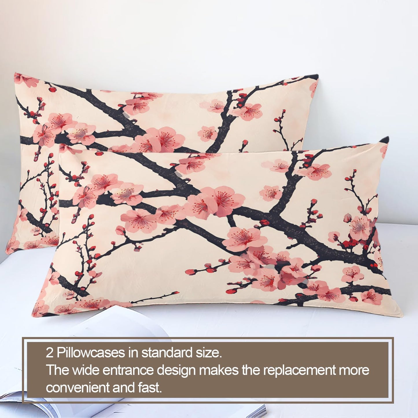 QINYUN Cherry Blossoms Duvet Cover Oversized King Size, Traditional Flower Bedding Set 3 Piece, Cherry Branch Comforter Cover 120x98 and 2 Pillow Sham with Zipper Closure