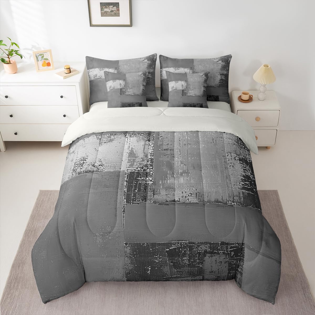 Feelyou Abstract Comforter Set with Sheets 7 Piece King Size Modern Abstract Art Bed in a Bag Kids Boys Girls Luxury Bedding Set Geometric Bedroom Decor Gray Breathable Soft Lightweight Microfiber