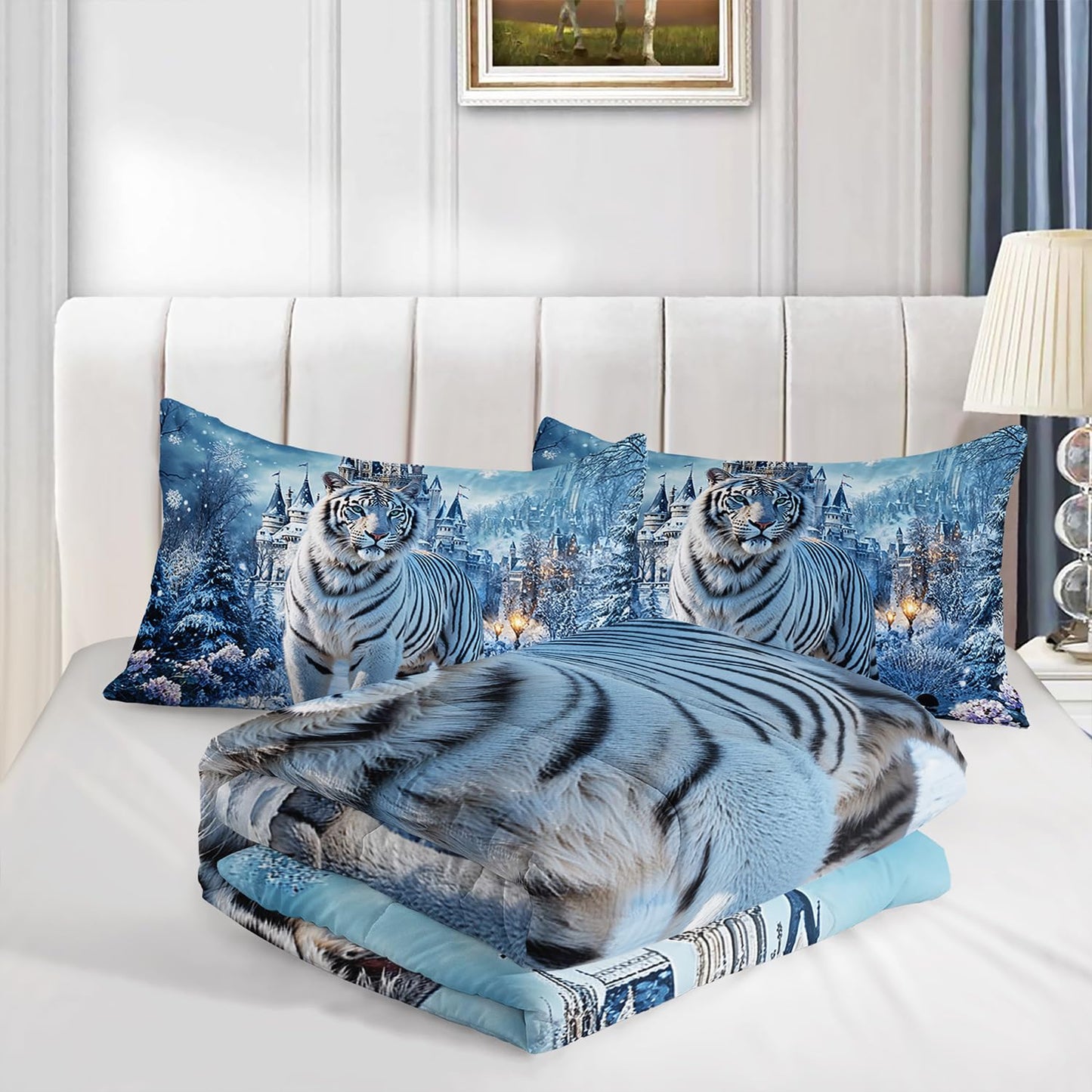 White Tiger Wild Animal Comforter 3Pcs Twin Safari Hunt Flower Bedding Set