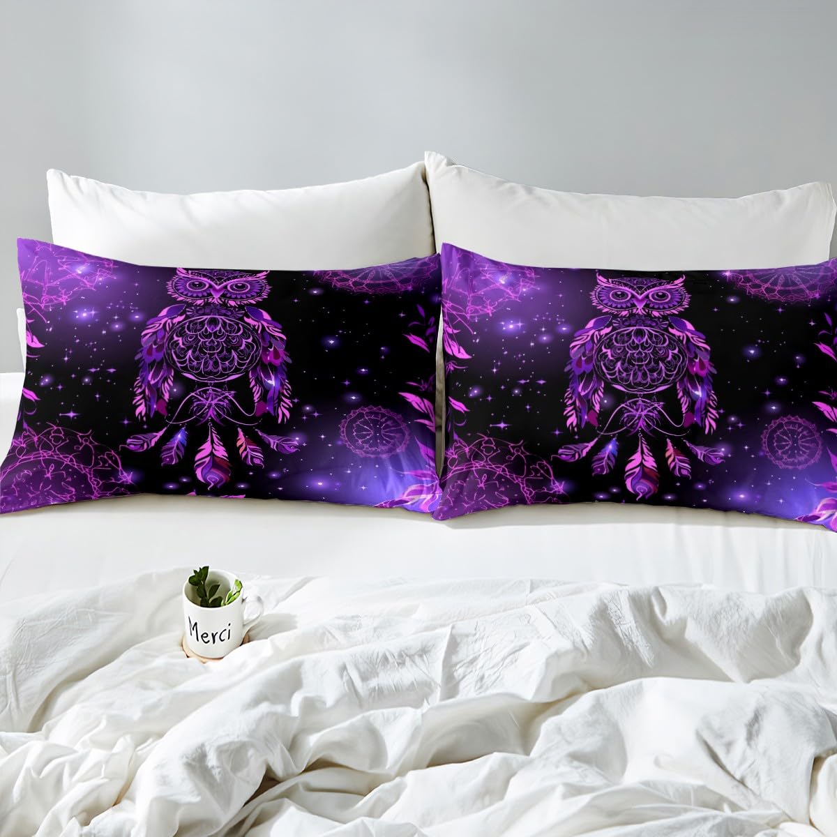 Dreamcatcher Duvet Cover Girls Boho Dream Catcher Owl Bedding Set Bohemian Exotic Mandala Comforter Cover for Kids Women Room Decor Chic Purple Galaxy Bedspread Cover Queen Size With 2 Pillow Case