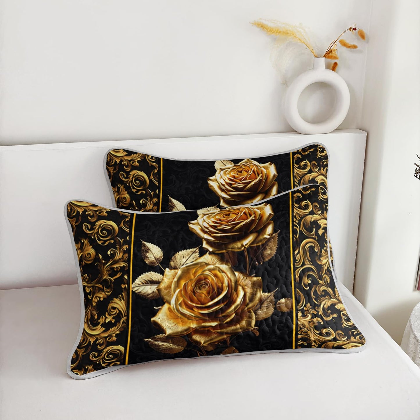AILONEN Golden Rose Printed Quilt Set Full Size with 2 Pillowcases,Black and Gold Flower Luxury Quilted Bedspreads Soft Lightweight,Romantic Floral Bedding Set 3Pcs