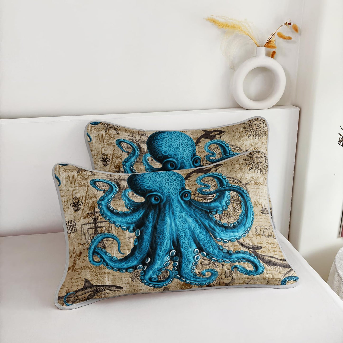 AILONEN Ocean King Bedspread Coverlet,Blue Octopus Nautical Vintage Map Theme Bedding Quilt,2 Pillowcases,Lightweight Microfiber