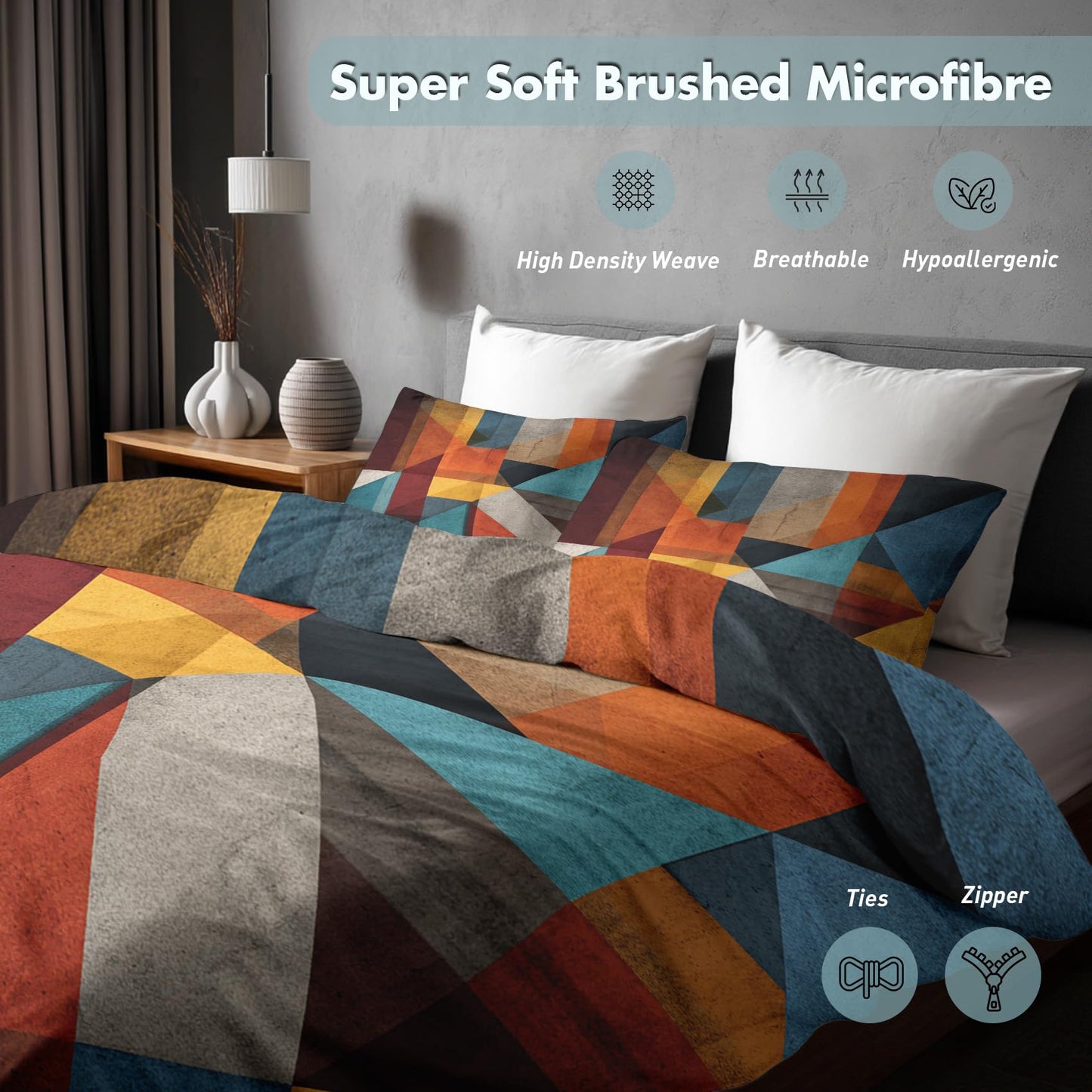 Patchwork Geometric Queen Duvet Cover Set 3 Piece, Retro Abstract Art Reversible Bedding with 2 Pillow Shams, Zipper & Ties, Ultra Soft Microfiber, Geometric Bedroom Decorations 60A-T