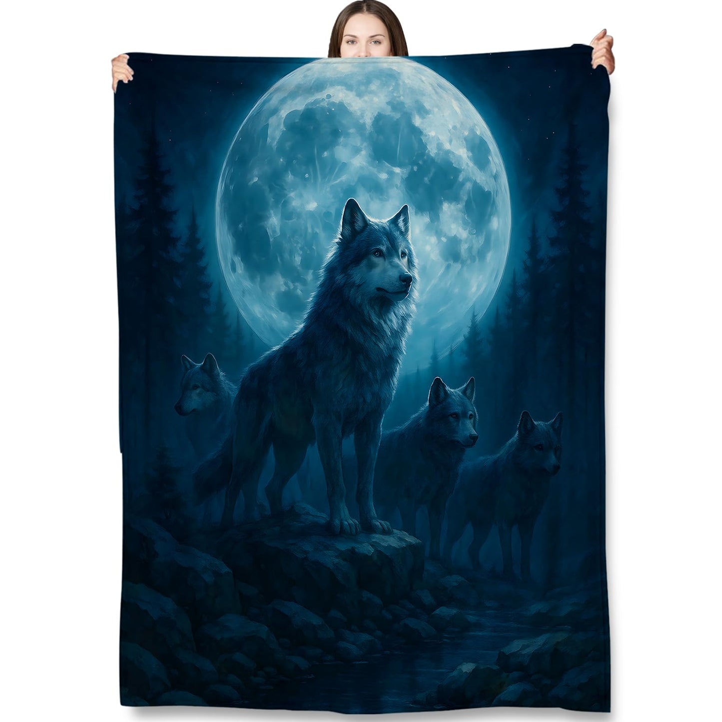 Turamurra Wolf Throw Blanket Gifts for Adults Kids, Full Moon and Forest Wolves Blankets for Living Room Bedroom Decor, Fuzzy Warm Flannel Plush 50"x60"