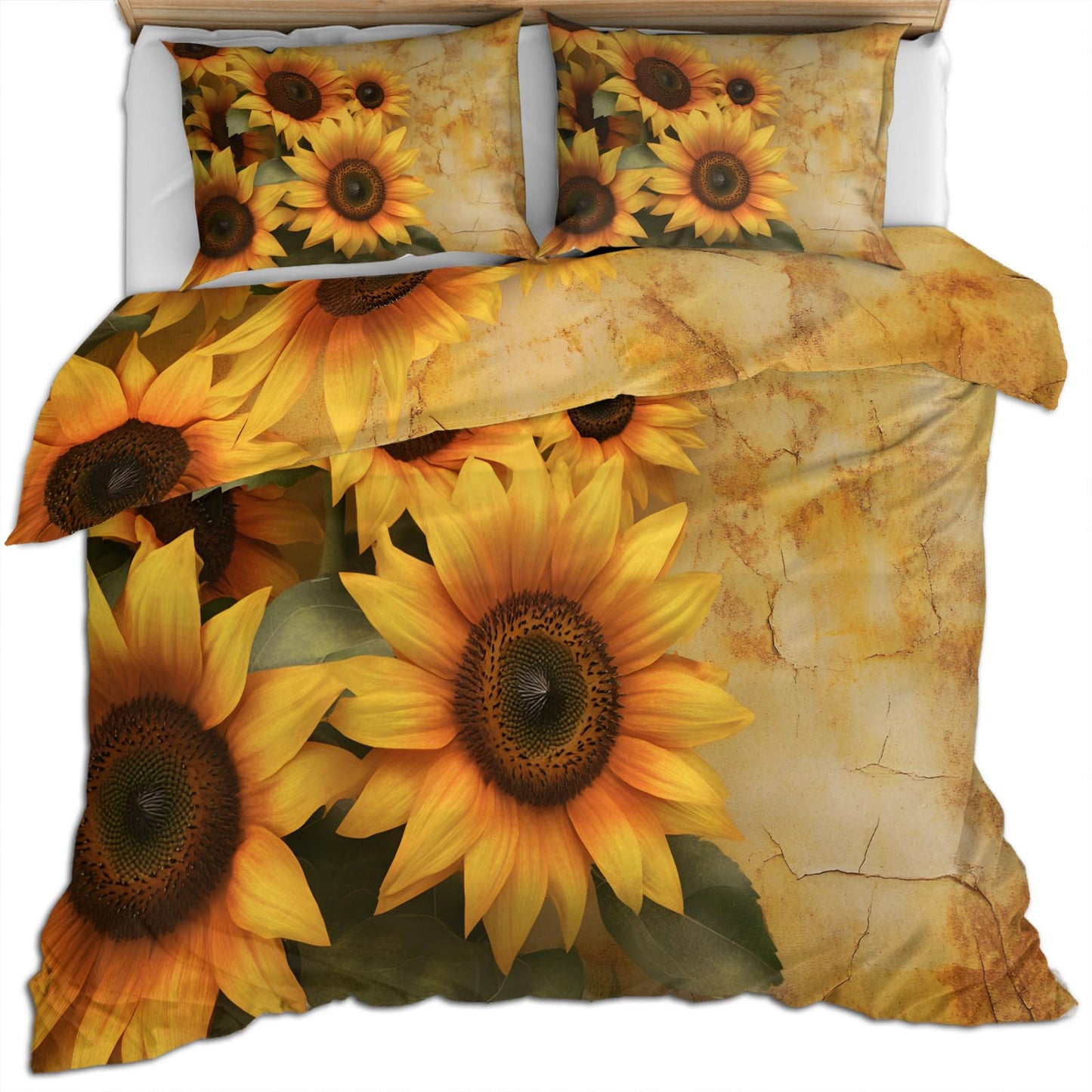 PAISUOQ Sunflower Bedding Duvet Covers, Rustic Flowers Comforter King Size, Farmhouse Florals Bedding Sets with Zipper & Ties, 3 Pieces with 2 Pillowcases, Home Decor & Gifts