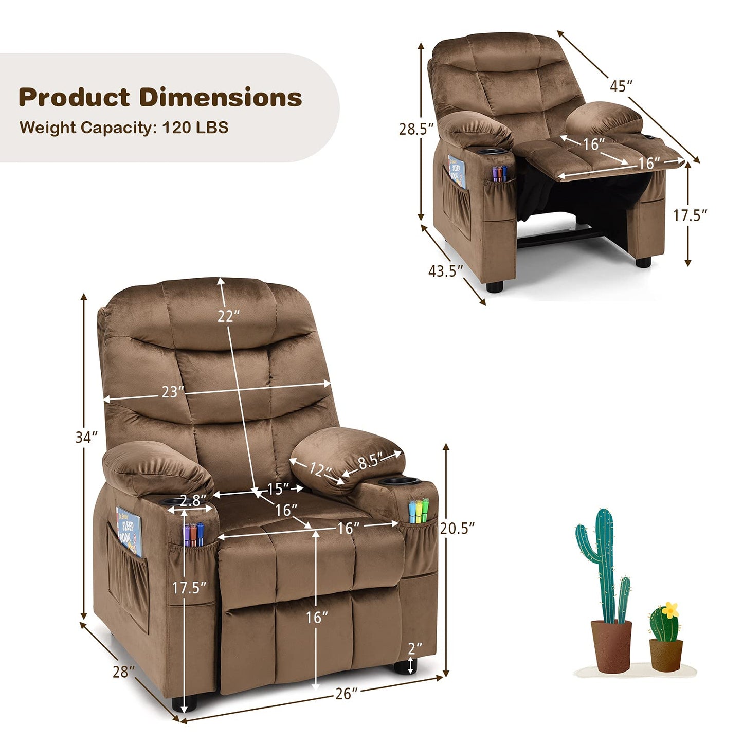 CHEFJOY Kids Recliner, Kids Recliner Chair w/ 2 Cup Holders, Velvet Fabric Chairs Comfy w/Adjustable Backrest & 3 Pockets, Toddler Furniture Sofa for Boys Girls Aged 3+
