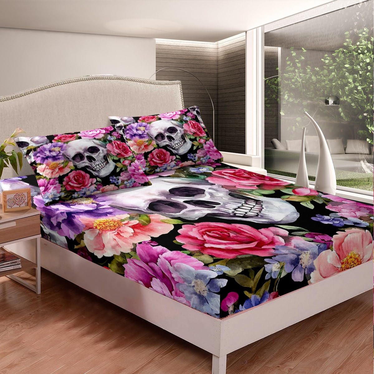 Feelyou Kids Sugar Skull Bedding Set Full Size, Gothic Skeleton Fitted Sheet Boys Girls Rose Floral Flower Bed Sheet Set for Bones Teens Bed Cover Bedroom Decor Bed Set 3Pcs (No Flat Sheet)