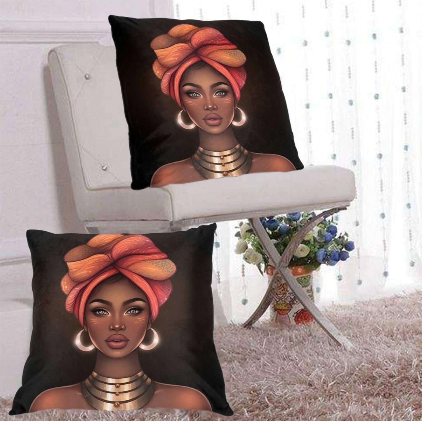 Fiokroo African Black Girl Afro Woman Throw Pillow Covers Set of 2 Pillow Cushion Cases Square Pillowcases for Sofa Bedroom Living Room Car, 18 X 18 Inch