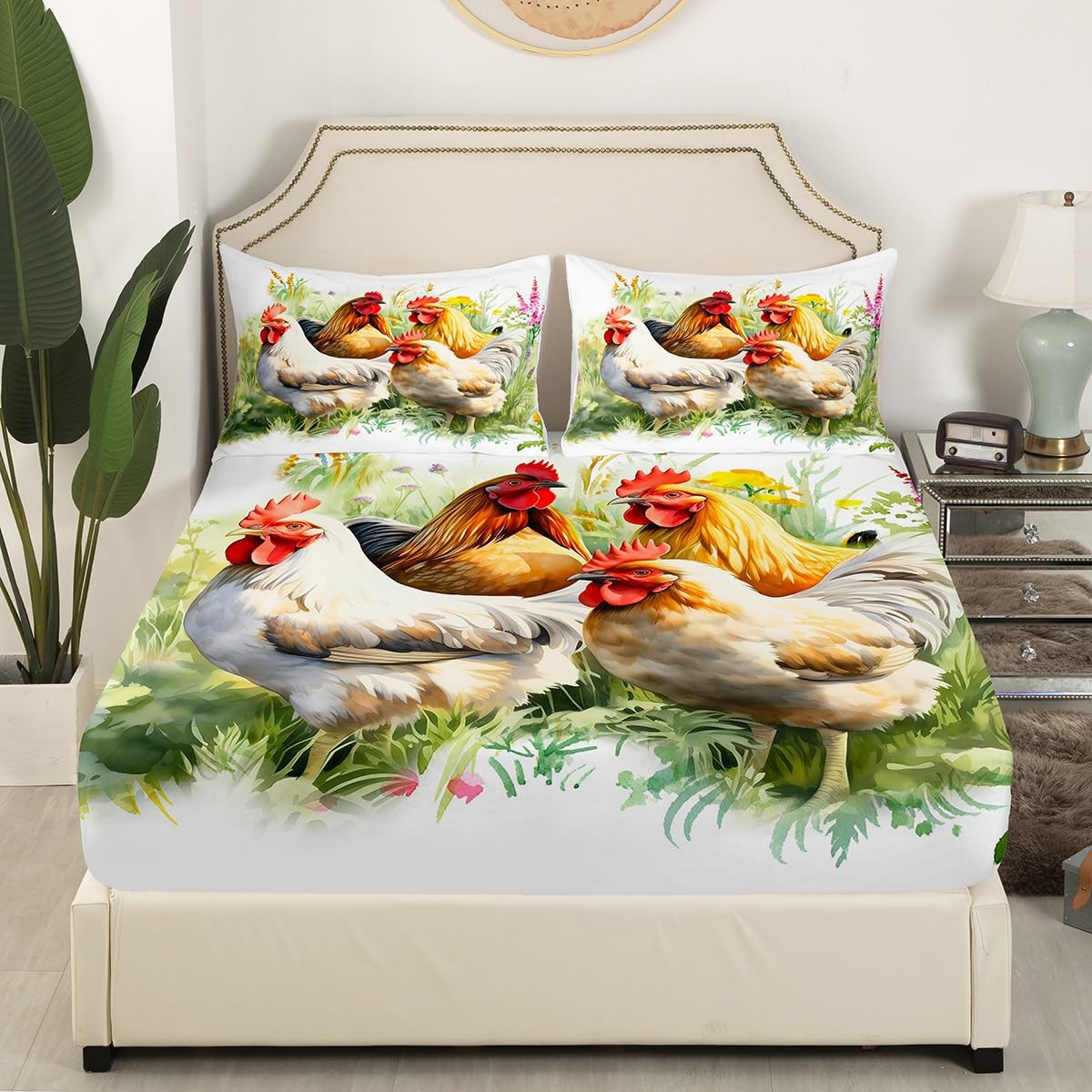 Rustic Chicken Sheet Set for Kids Boys Girls,Watercolor Rooster Bed Sheets Full,Farmhouse Animal Bedding Set,Botanical Flower Leaves Fitted Sheet Deep Pocket + Top Sheet + 2 Pillowcases Soft