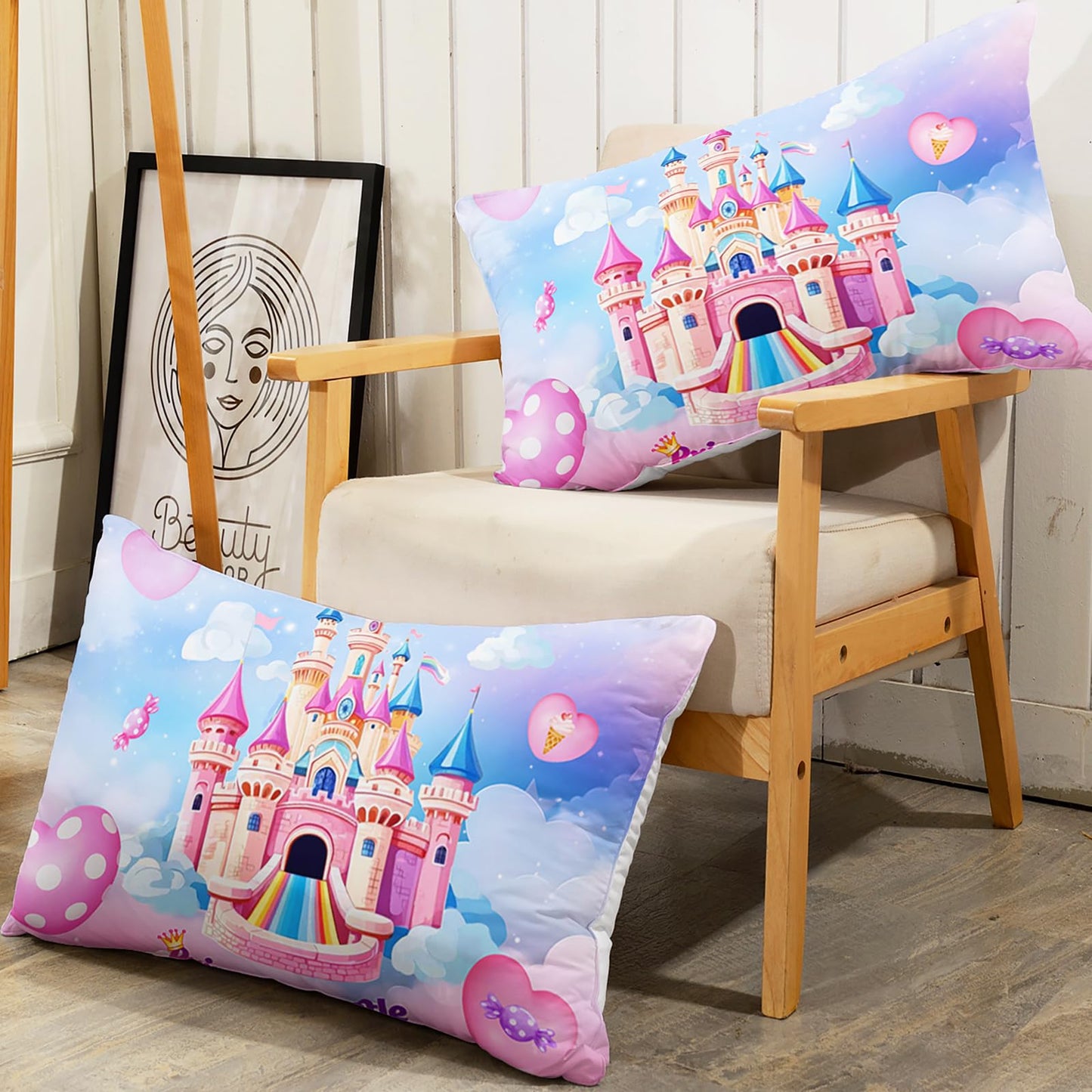 AILONEN Fairy Castle Fitted Sheet Set Twin XL Size, Pink Princess Castle Bedding Set for Kids Teens Girls,Sky Love Candy Bed Sheet Set,1 Fitted Sheet + 2 Pillowcases,3Pcs