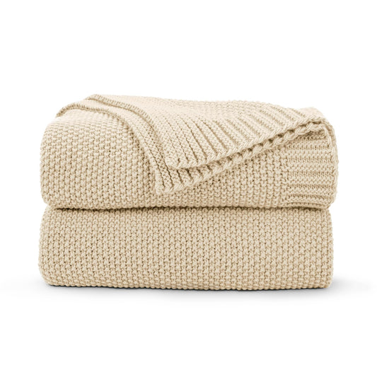CozeCube Beige Throw Blanket for Couch, Soft Cozy Cable Knit Throw for Bed Sofa Living Room, Lightweight Warm Decorative Farmhouse Christmas Blanket, 50"x60", Light Beige