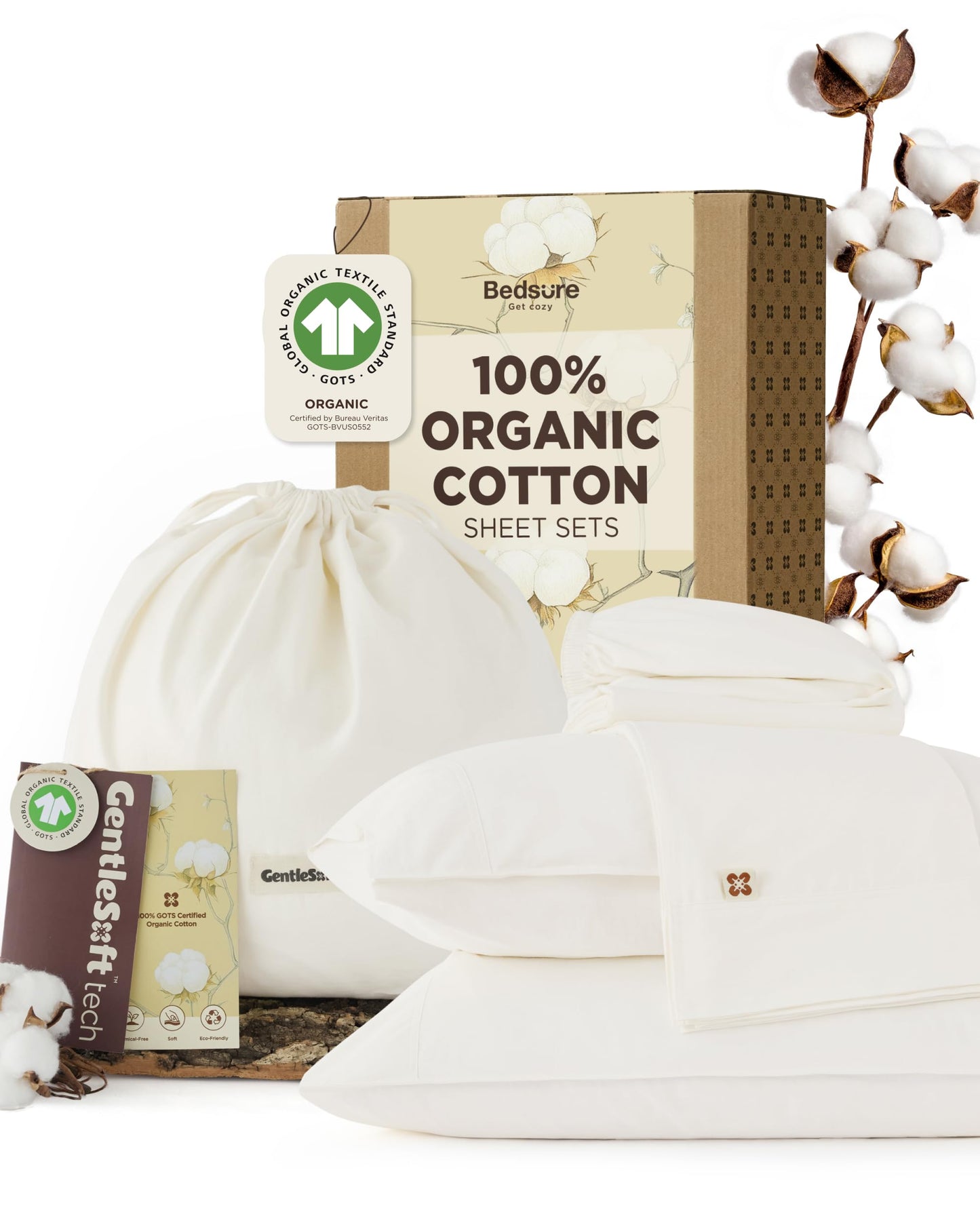 Bedsure 100% GOTS Certified Organic Cotton Sheets, King Size Sheets Set, 17" Deep Pocket Bedsheets with Corner Straps, Eco-Friendly, Soft, Breathable & Luxury PureWoven Cotton Hotel Bedding, Ivory