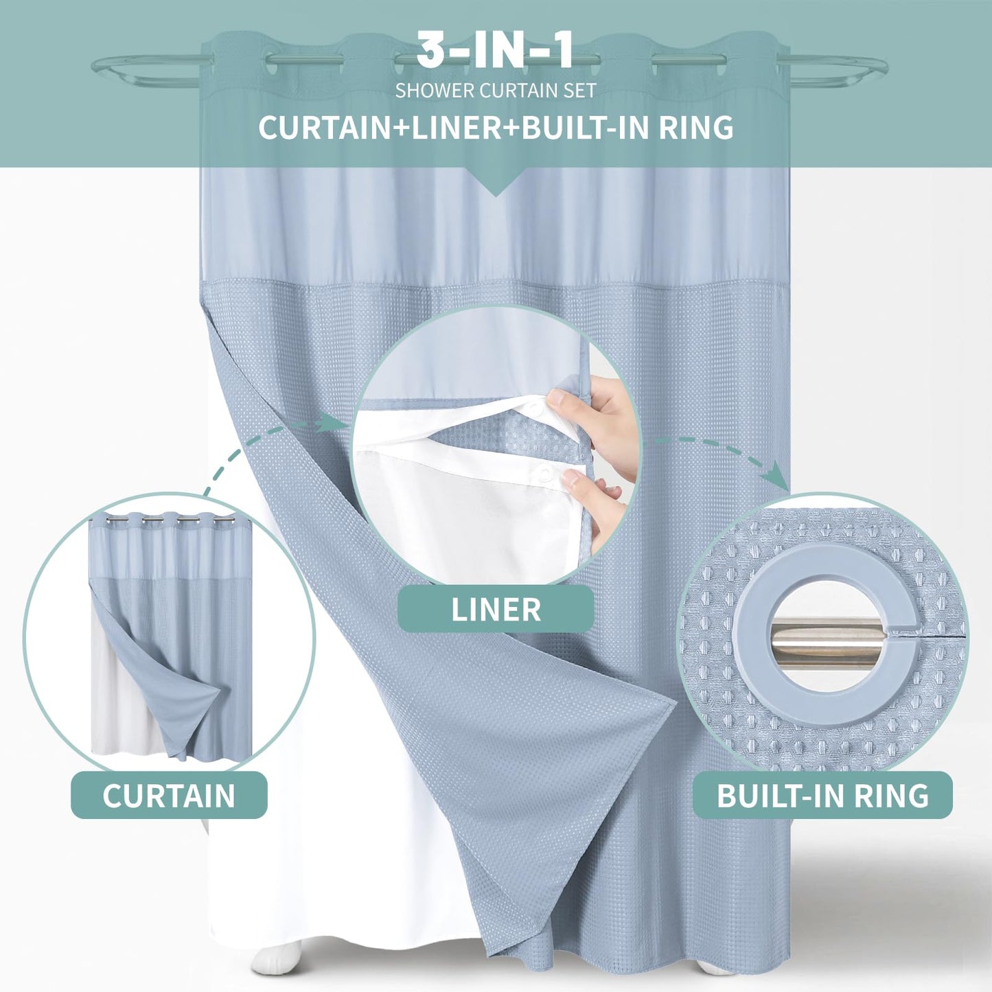 eachope ForstBlue No Hook Waffle Weave Shower Curtain with snap-in Liner Replacement, 230GSM Waterproof Fabric Hotel Shower Curtain Set for Bathroom, Through Mesh Top Window,71Wx77H