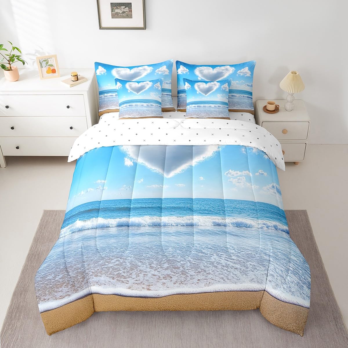 jejeloiu Beach Comforter Set 7 Pieces Full Size Kids Ocean Print Coastal Bed in a Bag for Boys Girls Love Pattern Bedding Set Natural Landscape,Comforter + Sheets + Pillowcases + Cushion Covers