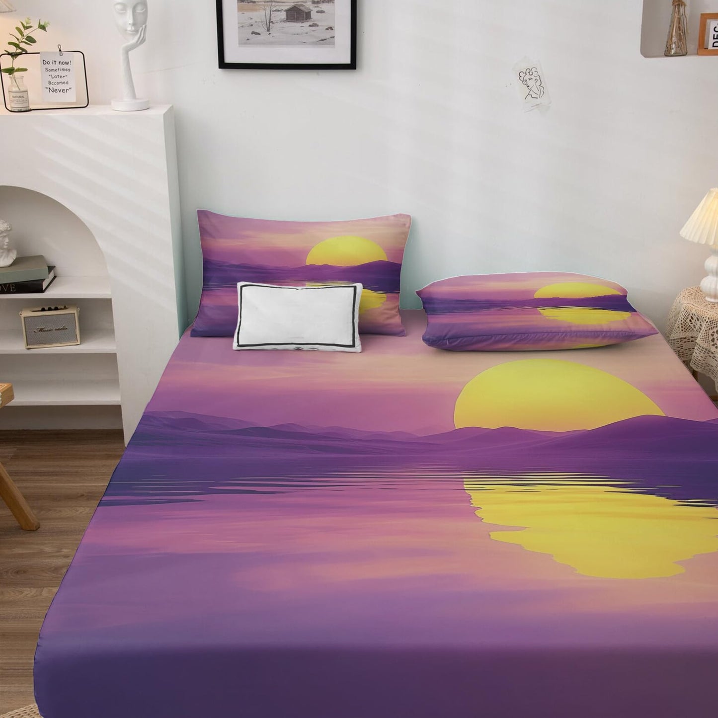 NOGAWA Sunset Sheets King, Landscape Bed Sheets, Deep Pocket & Soft Microfiber Bedding Sheets & Pillowcases 4 Piece - Fitted Sheet & Flat Sheet & 2 Pillow Cases
