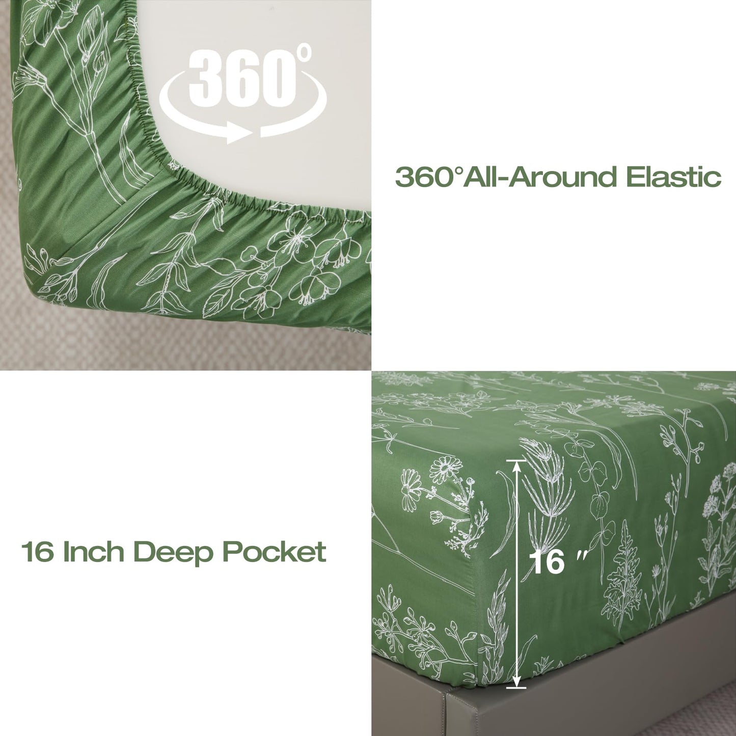 Yibeizi Green Floral Sheet Set King, Botanical Rustic Pattern Bed Sheets Boho Bedding Sheets & Pillowcases Soft Microfiber 15" Extra Deep Pocket Fitted Bedsheet 4 Piece