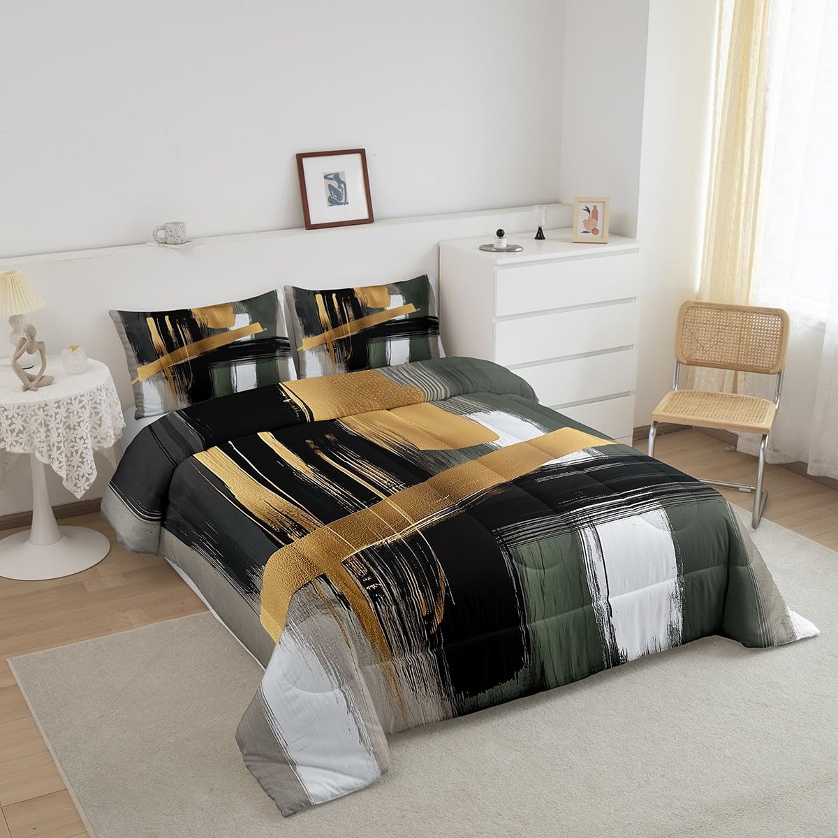 Feelyou Kids Abstract Art Comforter Set Queen Size Geometric Duvet Quilt for Boys Girls Teens Gold Modern Art Bedding Set Bedroom Decor Breathable Soft Lightweight Microfiber 3Pcs