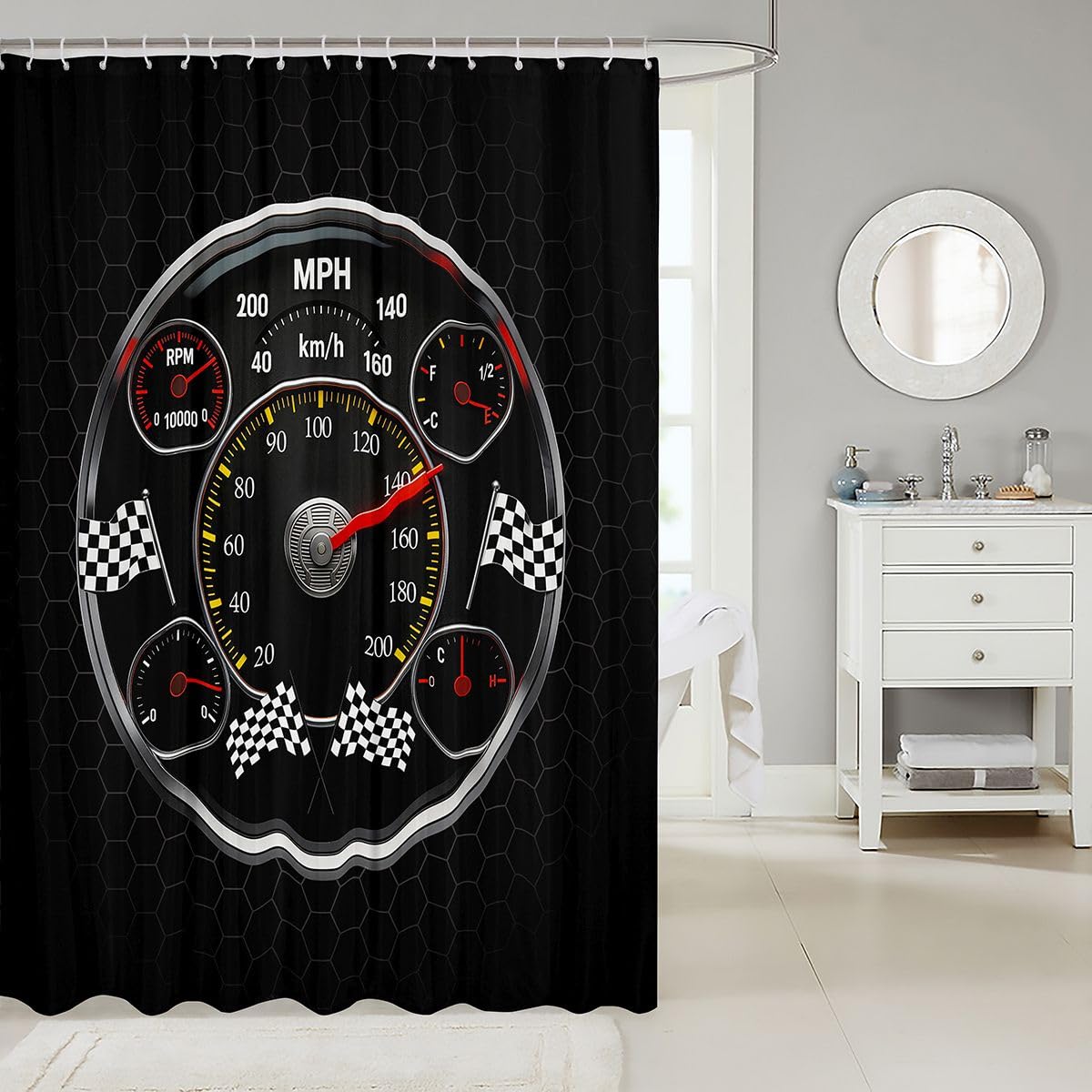 Feelyou Speed Sports Car Shower Curtain for Bathroom Decor Steering Wheel Bath Curtain for Stalls Bathtubs Racing Bathroom Accessories Extreme Sports Waterproof Polyester Fabric with 12 Hooks 72"x72"