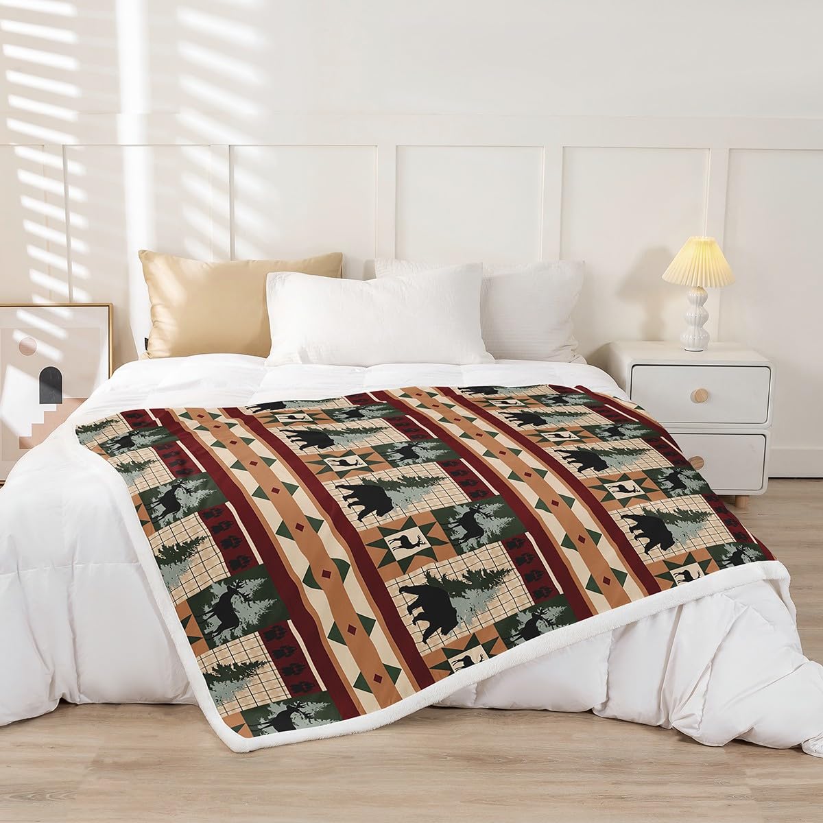 Erosebridal Farmhouse Fleece Blanket Grizzly Bear Deer Sherpa Blanket 90"x90", Vintage Country Woodland Animals Rustic Reindeer Pine Trees Fuzzy Plush Throw