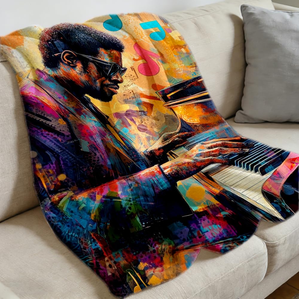 ZHOUSHUTONG African American Music Throw Blanket Black Music Print Super Soft Warm Cozy Flannel Blanket for Couch Bedroom Office Home Decor Gift for Music Lovers 49"x59"