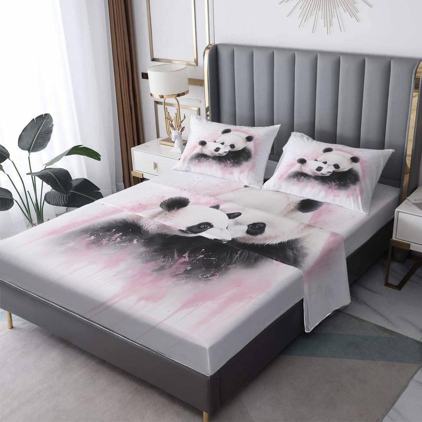Rejkxyw King Size Sheets Set Panda - Cartoon Bed Sheets - Kids Boys Girls Sheet Set - 12 Inch Deep Pocket - Ultra Soft Winkle Free Microfiber Bedding Sheets & Pillowcases 4 Piece