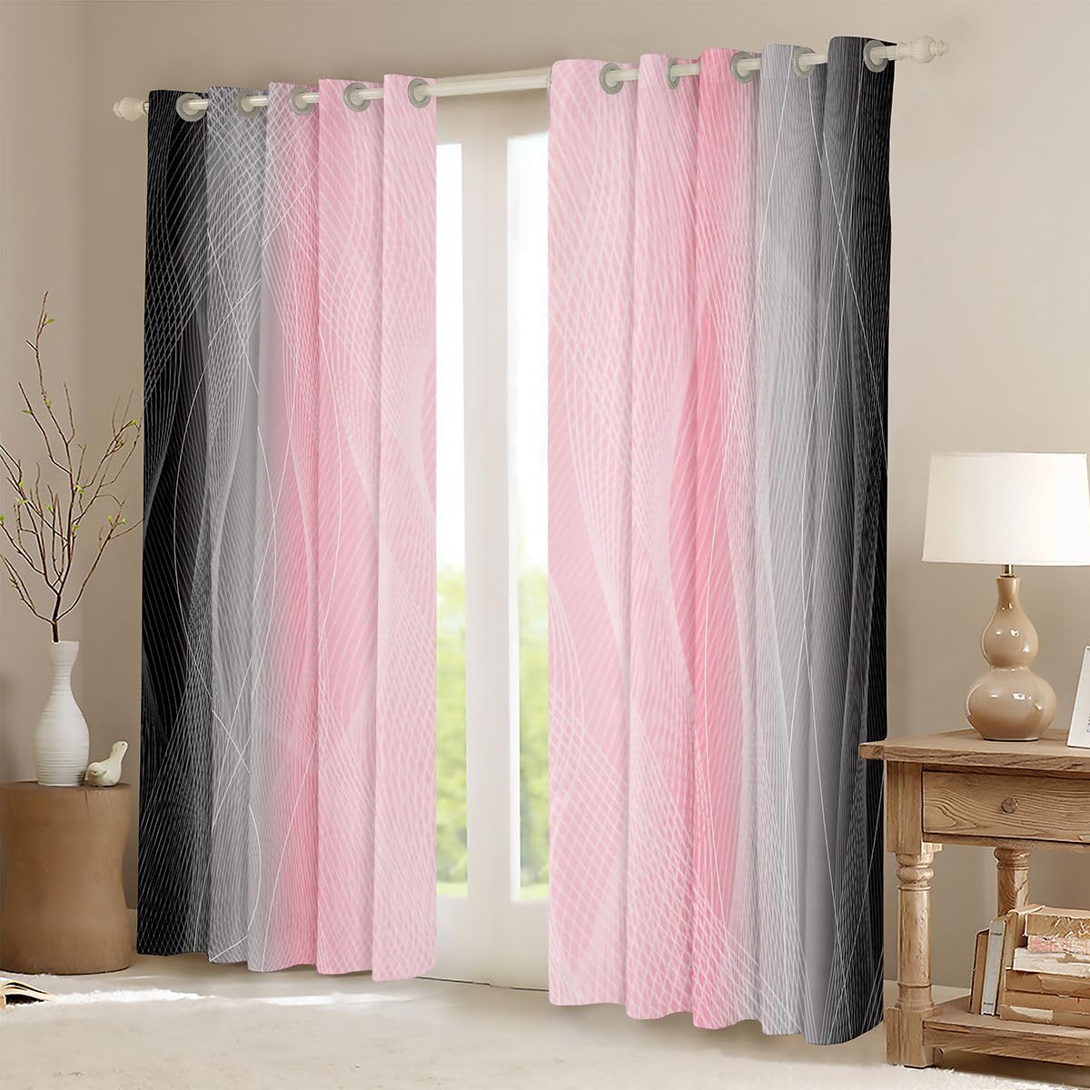 jejeloiu (2 Panels, 42 x 84 Inch Pink and Black Darkening Drapes Strip Lines Curtains for Bedroom Living Room for Kids Women Men Ombre Printed Blackout Curtains Geometric Window Treatments