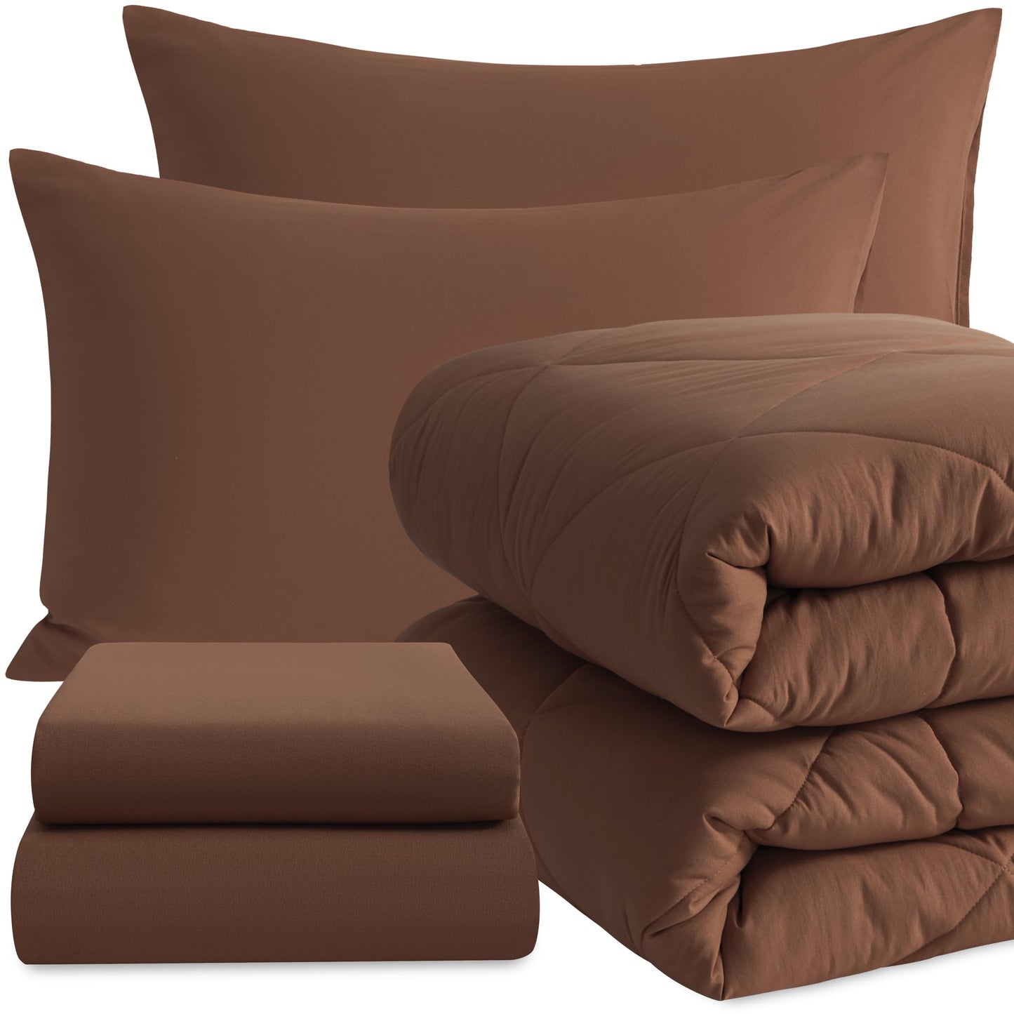 NTBAY Twin Comforter Set with Sheets, 5 Pieces Soft and Breathable Twin Bedding Set, Twin Bed in a Bag, Down Alternative Comforter Set Solid Color All Season, Kids Bedding Set, Brown