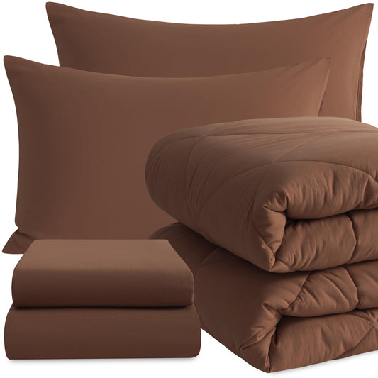 NTBAY Twin Comforter Set with Sheets, 5 Pieces Soft and Breathable Twin Bedding Set, Twin Bed in a Bag, Down Alternative Comforter Set Solid Color All Season, Kids Bedding Set, Brown