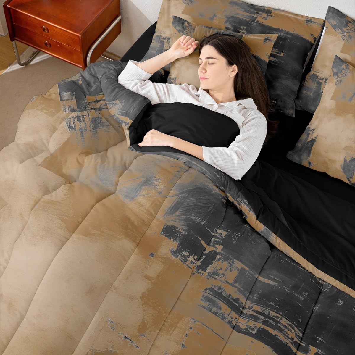 Feelyou Abstract Comforter Set With Sheets 7 Piece King Size Modern Abstract Art Bed in a Bag Kids Boys Girls Luxury Bedding Set Geometric Bedroom Decor Brownish Breathable Soft Lightweight Microfiber