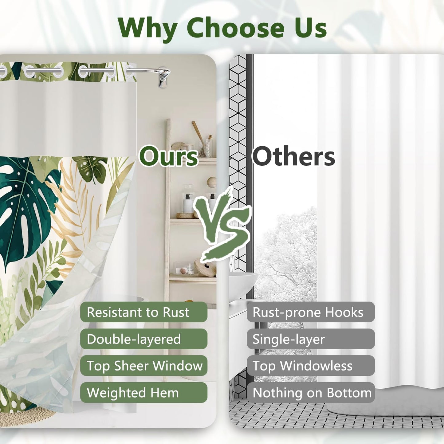 Sage Green Tropical Leaves Shower Curtain and Liner Set, Monstera Palm Leaf Botanical Design Bathroom Curtains, Waterproof Double Layers Fabric No Hook Shower Curtain with Top Mesh Window, 71x74 Inch
