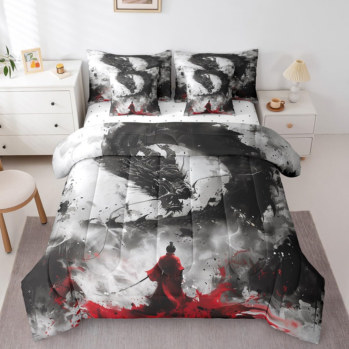 Homewish 7 Pieces Dragon Samurai Comforter Set Queen,Ink Painting Bed Set for Kids Boys Girls,Japanese Style Bedding(1 Comforter,1 Fitted Sheet,1 Flat Sheet,2 Pillowcases,2 Throw Pillow Cover)