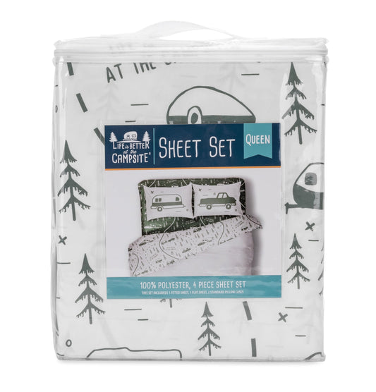 Camco Life is Better at The Campsite RV Bed Sheet Set | for RV Queen-Size Beds | Features a Green Map Design (53476)