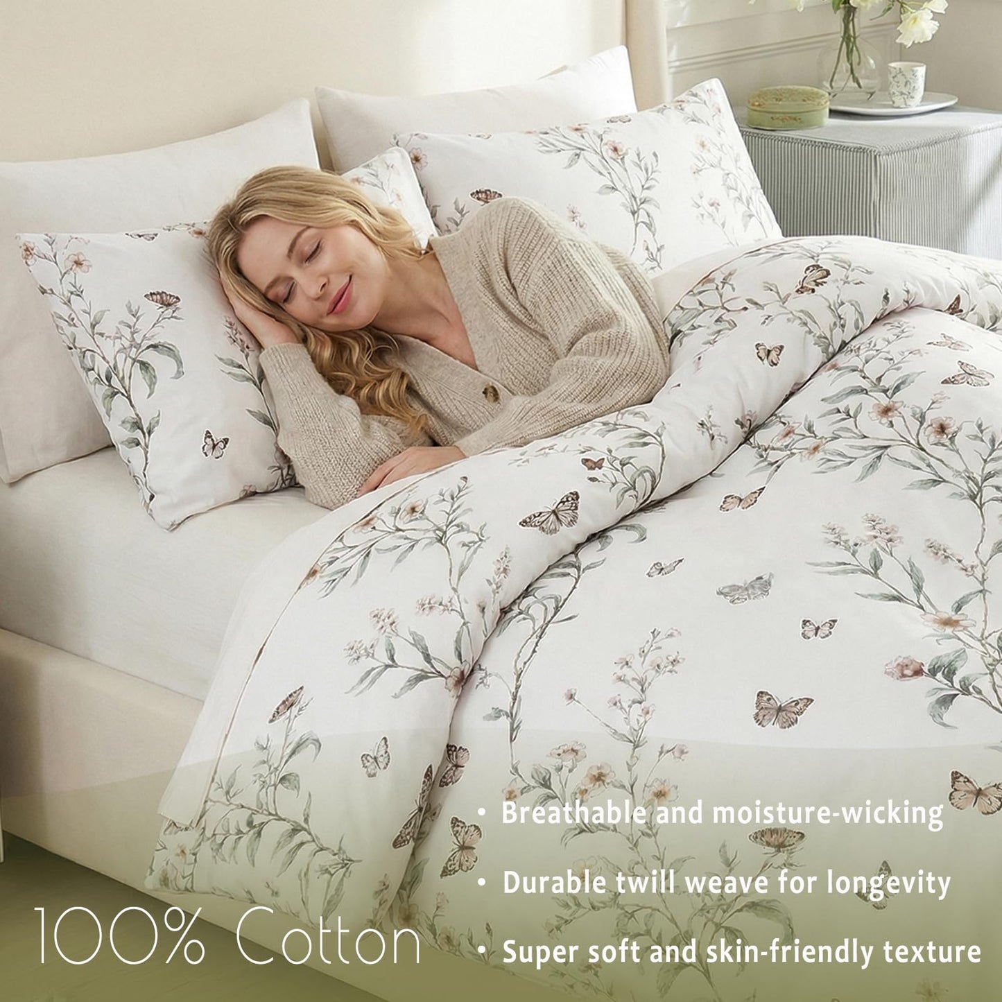 Bedorm 100% Cotton Duvet Cover Set Queen Vintage Floral Bedding Set Green Leaf Branches Flower Pattern 3 Pcs Soft Durable Duvet Cover with Zipper Closure